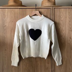 Knit cropped white and black heart crew neck sweater